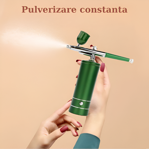 Set aerograf portabil cu compresor HASEPE, pulverizator de mana, Duza 0,3mm, fara fir, pentru manichiura, pictura corp, tatuaj semipermanent, ornare torturi, Verde [7]