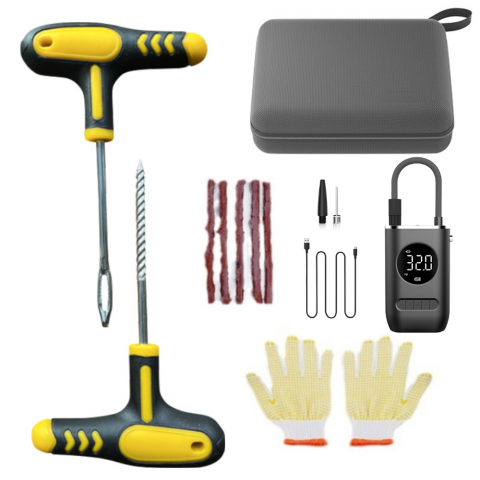 Set pompa aer auto electrica si kit reparatie HASEPE, afisaj digital LCD, Lanterna LED, Portabila, Reincarcare USB, baterie 4000 mAh, Manometru digital, 10,3 bar, Negru [0]