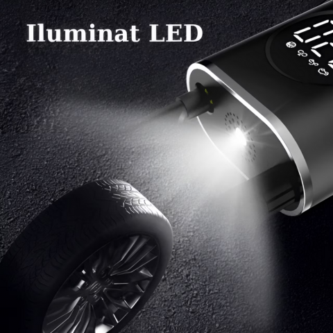 Set pompa aer auto electrica si kit reparatie HASEPE, afisaj digital LCD, Lanterna LED, Portabila, Reincarcare USB, baterie 4000 mAh, Manometru digital, 10,3 bar, Negru [5]