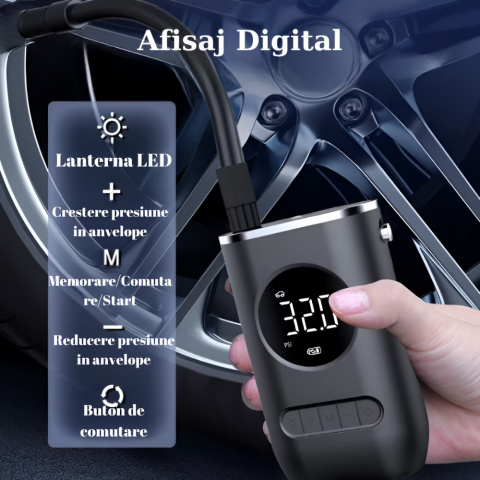Set pompa aer auto electrica si kit reparatie HASEPE, afisaj digital LCD, Lanterna LED, Portabila, Reincarcare USB, baterie 4000 mAh, Manometru digital, 10,3 bar, Negru [3]