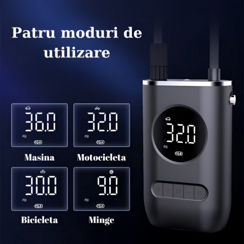 Set pompa aer auto electrica si kit reparatie HASEPE, afisaj digital LCD, Lanterna LED, Portabila, Reincarcare USB, baterie 4000 mAh, Manometru digital, 10,3 bar, Negru [1]