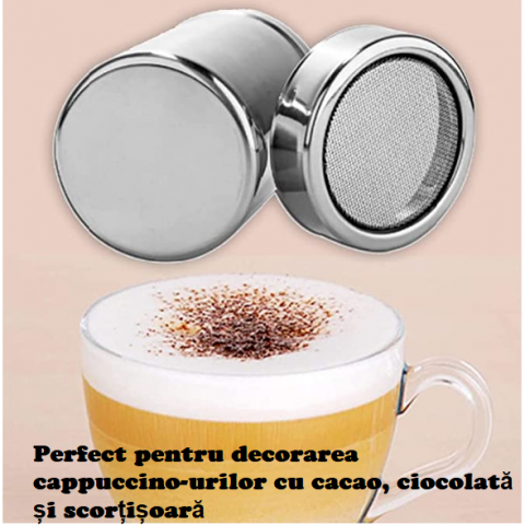 Solnita Pudra Inox 300 ml, cu Sita Fina si Capac, pentru Zahar Pudra, Cacao, Scortisoara, Decorare Cappuccino si Prajituri [1]
