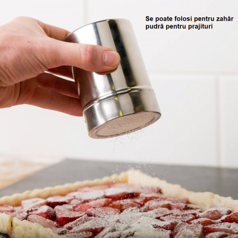 Solnita Pudra Inox 300 ml, cu Sita Fina si Capac, pentru Zahar Pudra, Cacao, Scortisoara, Decorare Cappuccino si Prajituri [2]