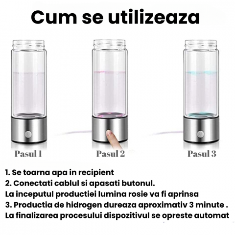 Sticla Generator Apa Hidrogenata/Ionizata HASEPE, Portabila, Reincarcare USB, Capacitate 420 ml, Concentratie Hidrogen 1300–1600 Ppb, Filtrare si Alcalinizare, Gri [3]