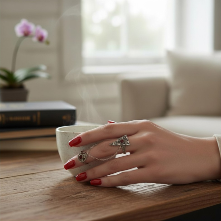 INELE CU LANȚ CU PIETRE - Inel reglabil din argint cu lanț fin Kapan