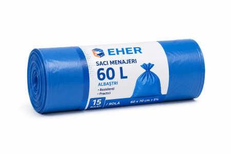 SACI PLASTIC 60L ALBASTRI, 15 BUC/ROLA