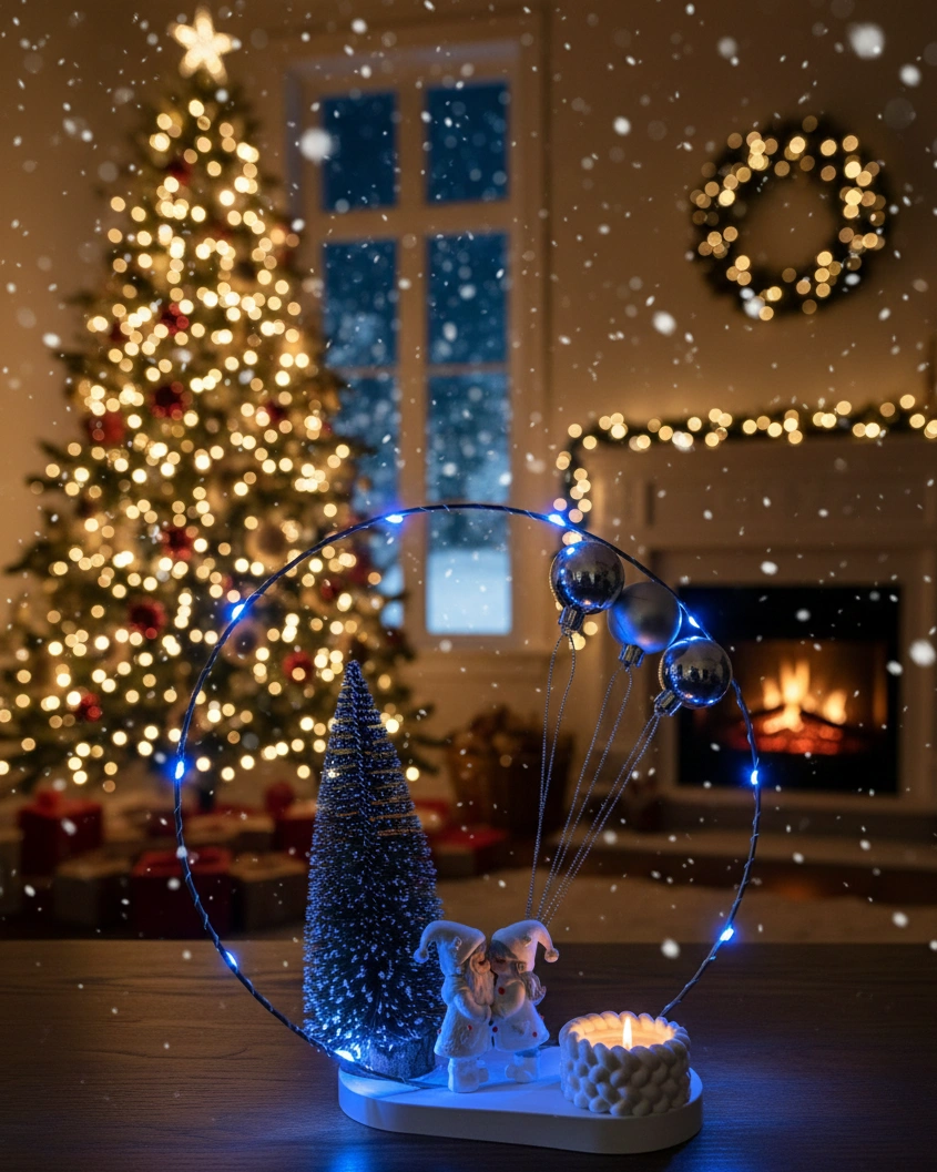 Aranjament pentru Craciun cu instalatie LED, HANDMADE, cuplu, brad, lumanare parfumata, cerc cu instalatie, crengute decorative, globuri [2]