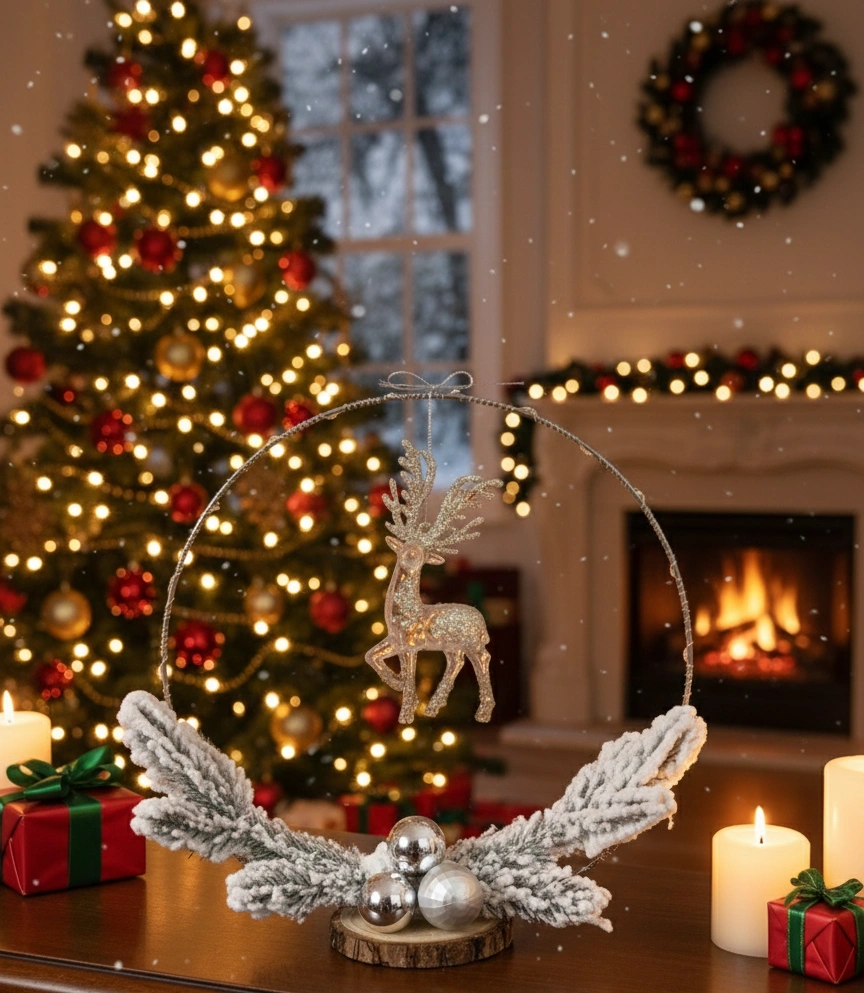 Aranjament pentru Craciun cu instalatie LED, HANDMADE, ren glitter, cerc cu instalatie, crengute decorative, globuri [1]