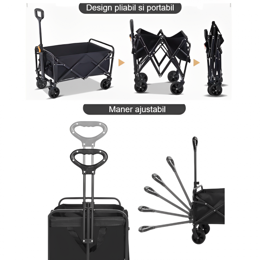 Carucior pliabil cu maner ajustabil, cadru metalic, Negru, 72 x 46 x 62-87 cm [3]
