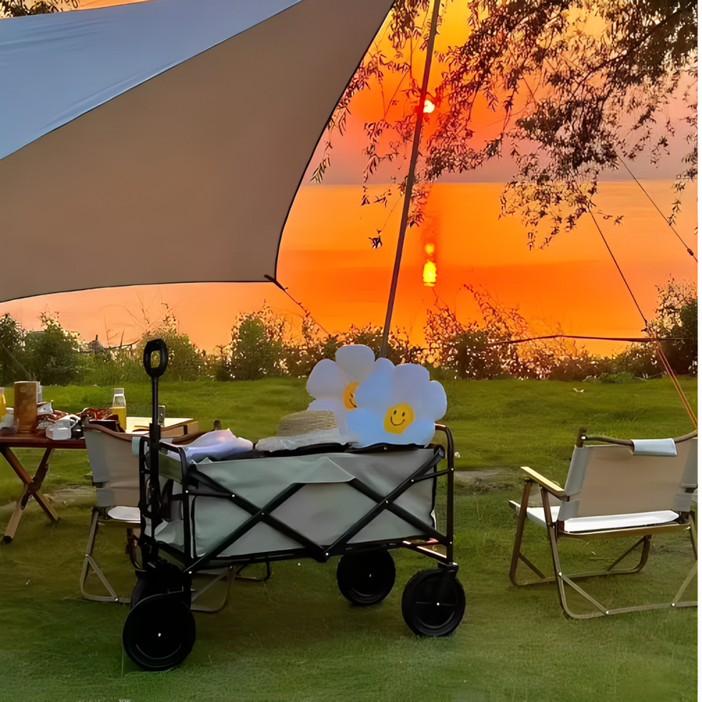 Carucior pliabil cu maner ajustabil, cadru metalic, compartiment din panza poliester impermeabila, 2 compartimente pentru sticle, Bej, 72 x 46 x 62-87 cm [5]