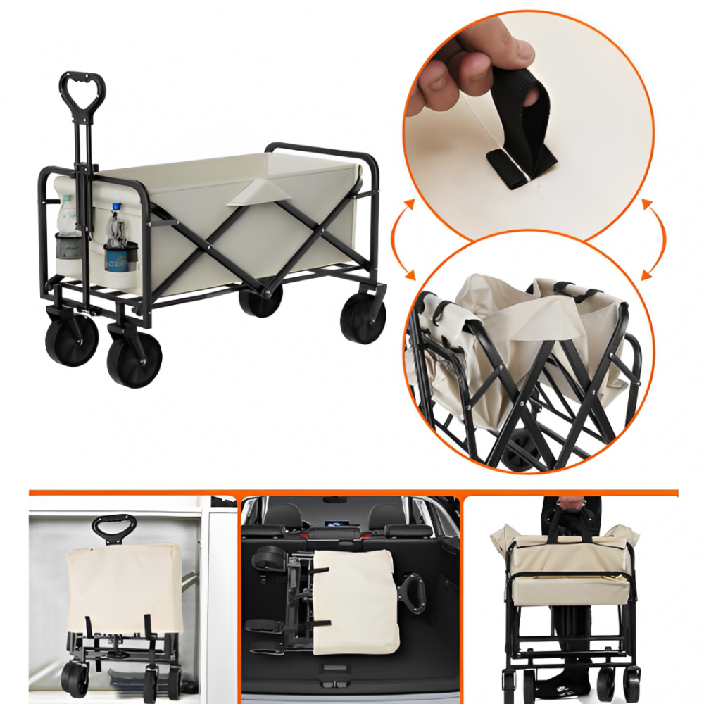 Carucior pliabil cu maner ajustabil, cadru metalic, compartiment din panza poliester impermeabila, 2 compartimente pentru sticle, Bej, 72 x 46 x 62-87 cm [3]