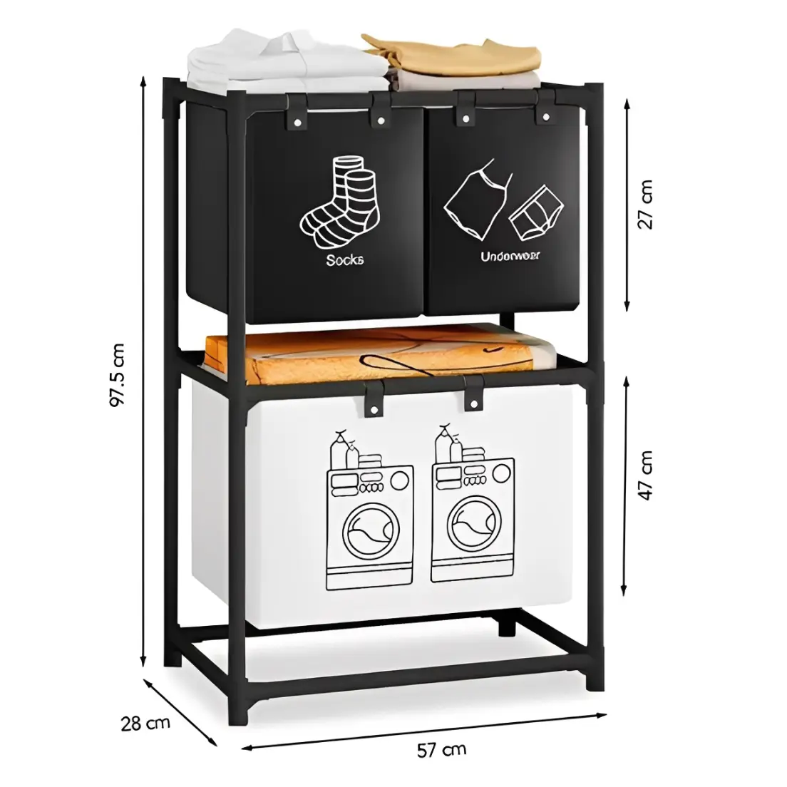 Cos pentru rufe compartimentat, 3 compartimente, haine, lenjerie intima si sosete, saci detasabili, Alb/Negru, 57 x 28 x 97.5 cm [3]