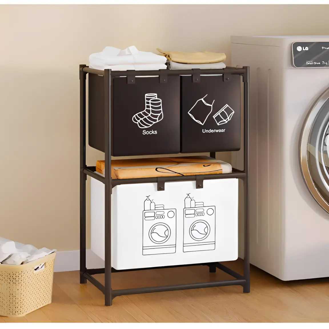 Cos pentru rufe compartimentat, 3 compartimente, haine, lenjerie intima si sosete, saci detasabili, Alb/Negru, 57 x 28 x 97.5 cm [2]