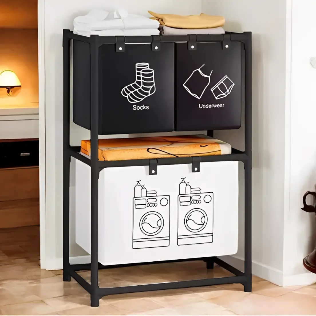 Cos pentru rufe compartimentat, 3 compartimente, haine, lenjerie intima si sosete, saci detasabili, Alb/Negru, 57 x 28 x 97.5 cm [4]