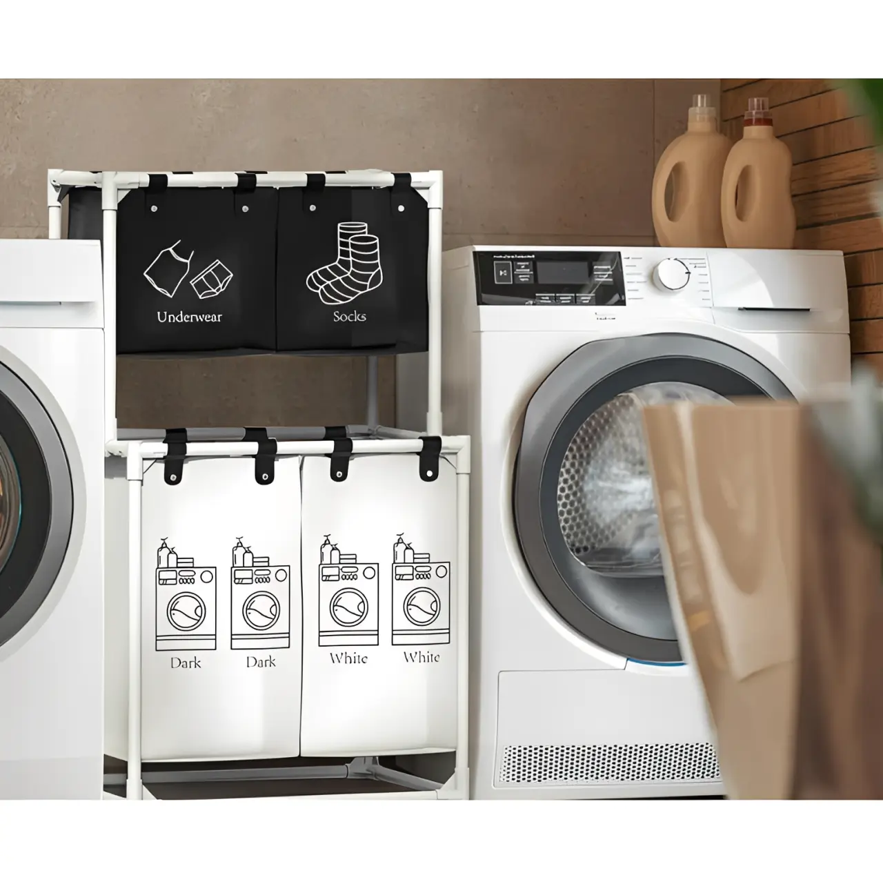 Cos pentru rufe compartimentat, 4 compartimente, haine albe, haine negre, lenjerie intima si sosete, saci detasabili, cu roti, Alb/Negru, 55 x 39 x 95 cm [5]