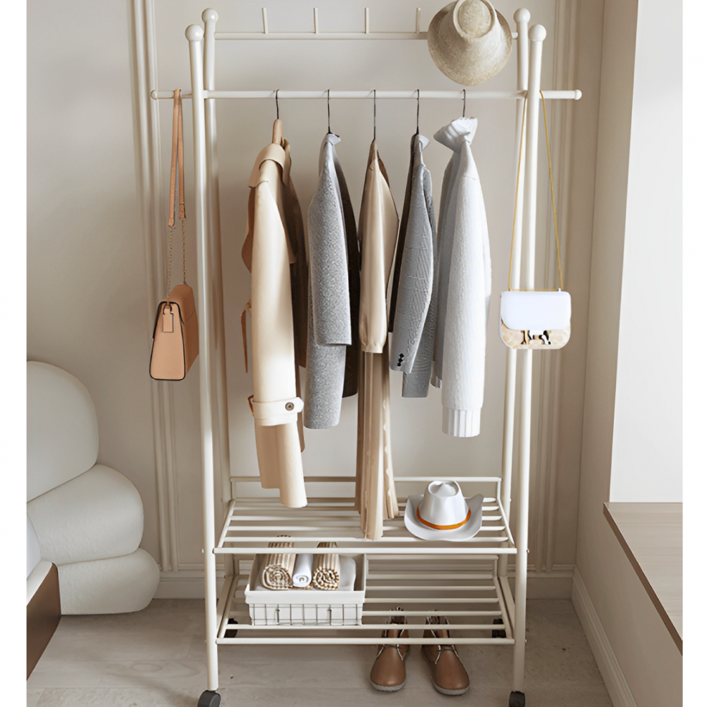 Cuier cu spatiu pentru umerase, palarii, 2 rafturi, din metal, cu roti, Alb, 80 x 35 x 175 cm [3]
