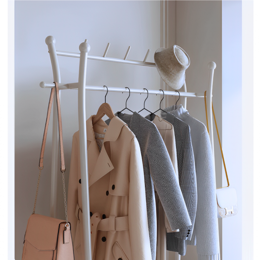 Cuier cu spatiu pentru umerase, palarii, 2 rafturi, din metal, cu roti, Alb, 80 x 35 x 175 cm [5]