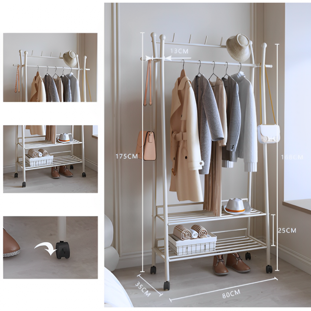 Cuier cu spatiu pentru umerase, palarii, 2 rafturi, din metal, cu roti, Alb, 80 x 35 x 175 cm [2]