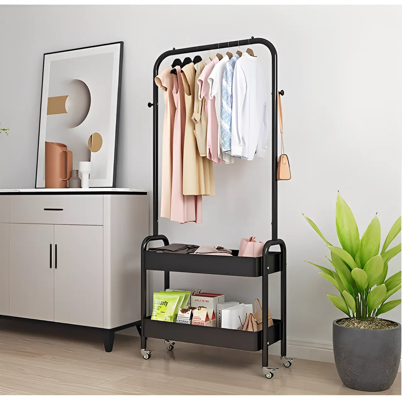 Cuier metalic mobil cu spatiu pentru umerase, 2 compartimente, Negru, 66 x 30 x 160 cm [3]