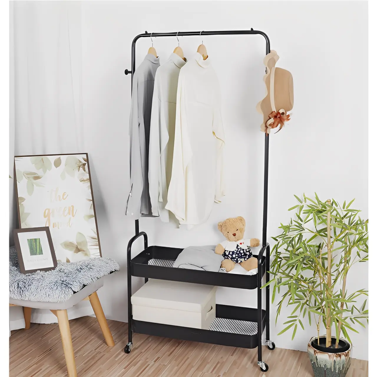 Cuier metalic mobil cu spatiu pentru umerase, 2 compartimente, Negru, 66 x 30 x 160 cm [1]