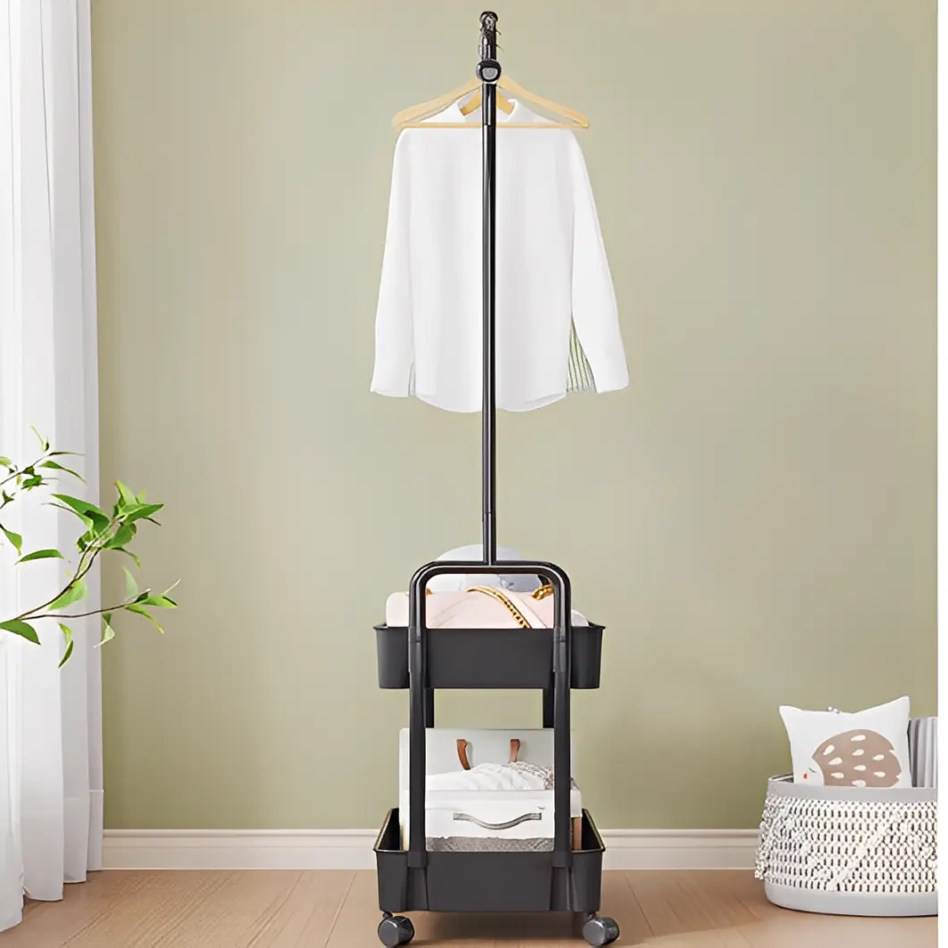 Cuier metalic mobil cu spatiu pentru umerase, 2 compartimente, Negru, 66 x 30 x 160 cm [5]