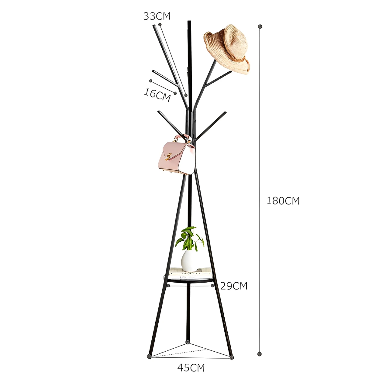 Cuier metalic tip pom, polita din lemn pentru chei si accesorii, Negru, 45 x 180 cm [2]