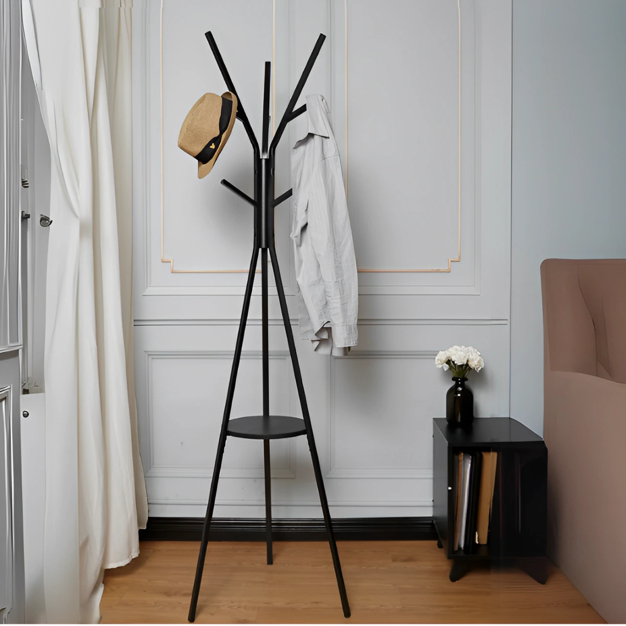 Cuier metalic tip pom, polita din lemn pentru chei si accesorii, Negru, 45 x 180 cm [5]