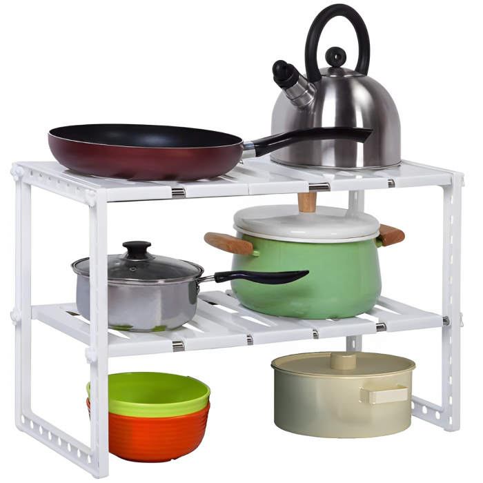 Etajera bucatarie cu 2 rafturi, extensibile, pentru depozitare, Alb,  50-70 x 26 x 38 cm [3]