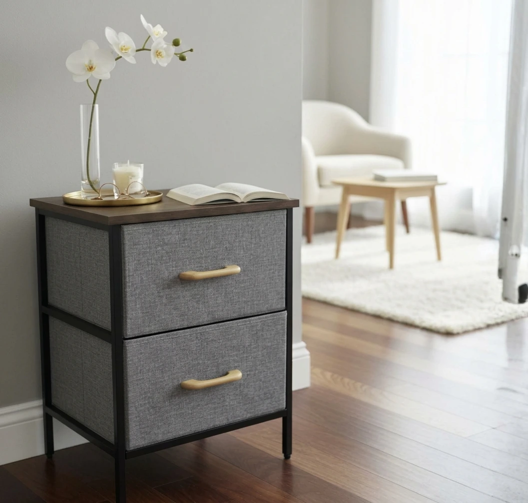 Etajera compacta, 2 sertare textile, 1 polita MDF, organizator multifuncțional, pentru living, dormitor, hol, dressing, Negru/Gri, 40 x 30 x 54 cm [4]
