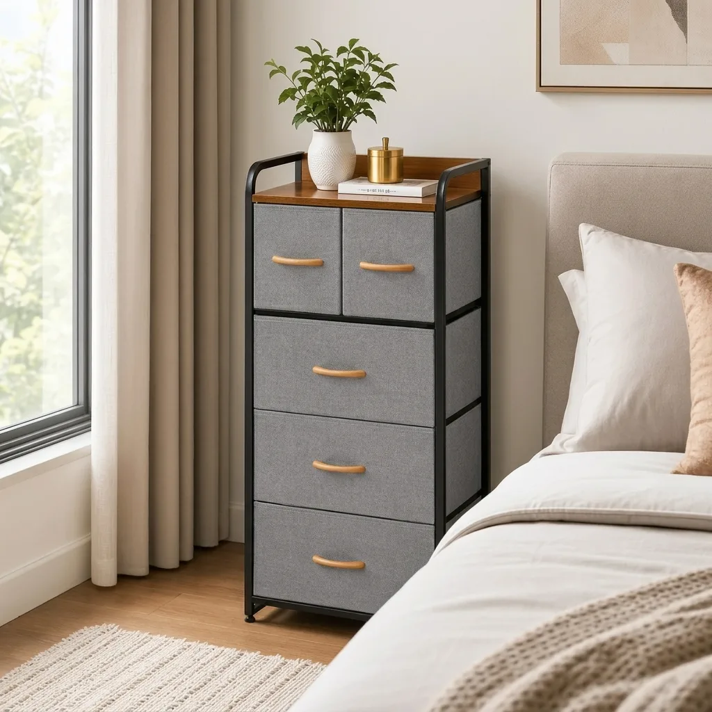 Etajera compacta, 5 sertare textile, marimi diferite, 1 polita MDF, organizator multifuncțional, pentru living, dormitor, hol, dressing, Negru/Gri, 43 x 30 x 102.5 cm [3]