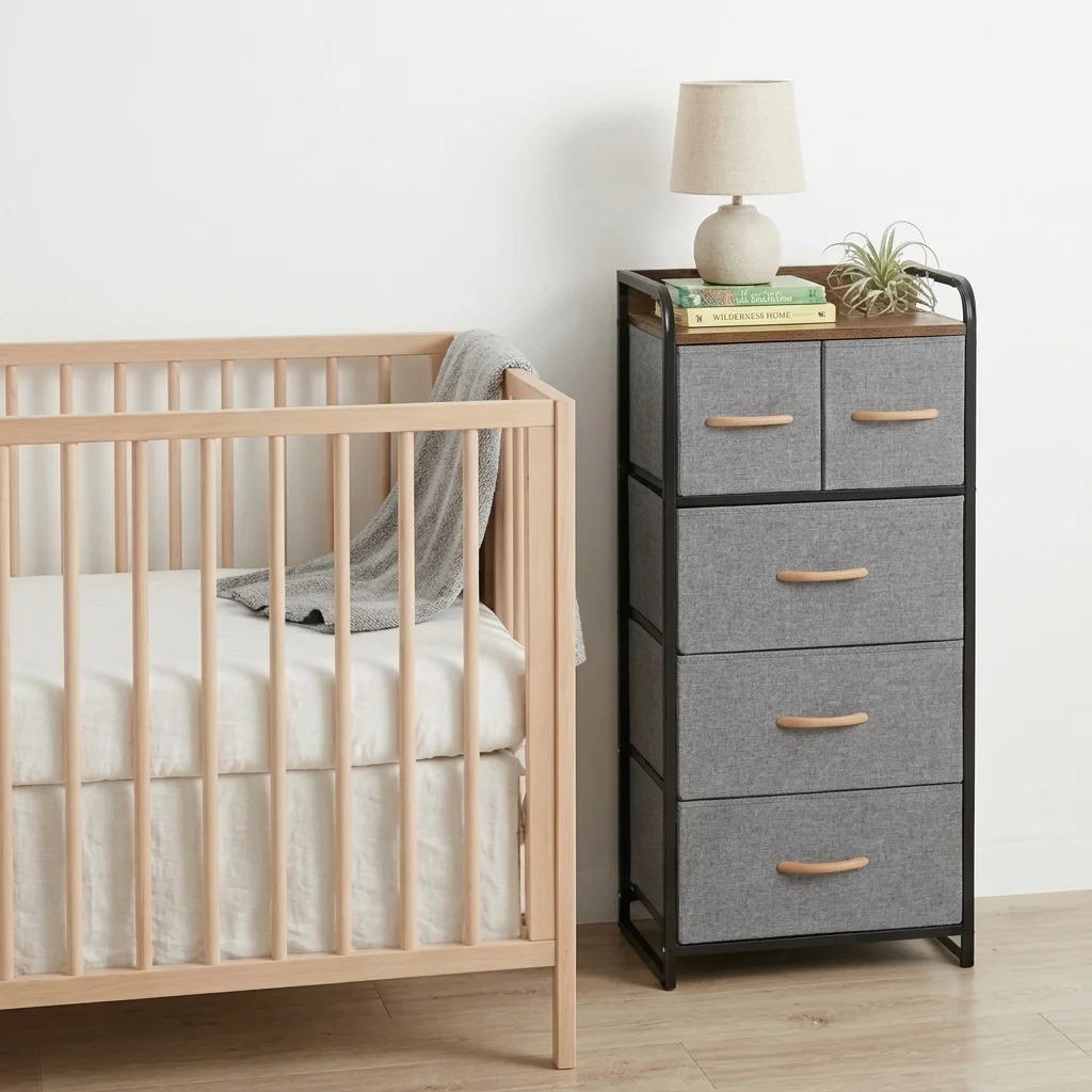 Etajera compacta, 5 sertare textile, marimi diferite, 1 polita MDF, organizator multifuncțional, pentru living, dormitor, hol, dressing, Negru/Gri, 43 x 30 x 102.5 cm [4]