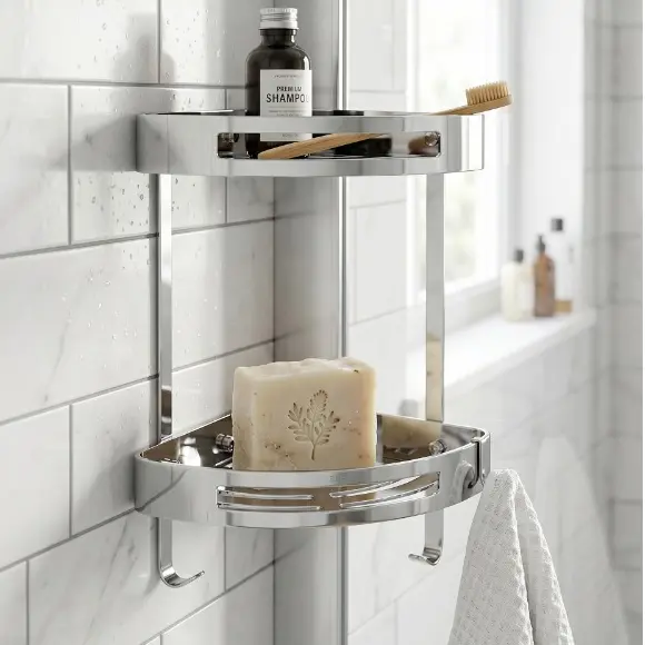Etajera de colt pentru baie, 2 rafturi, prindere in perete, din inox, organizare baie, Argintiu, 29.5 x 22 x 40 cm [2]