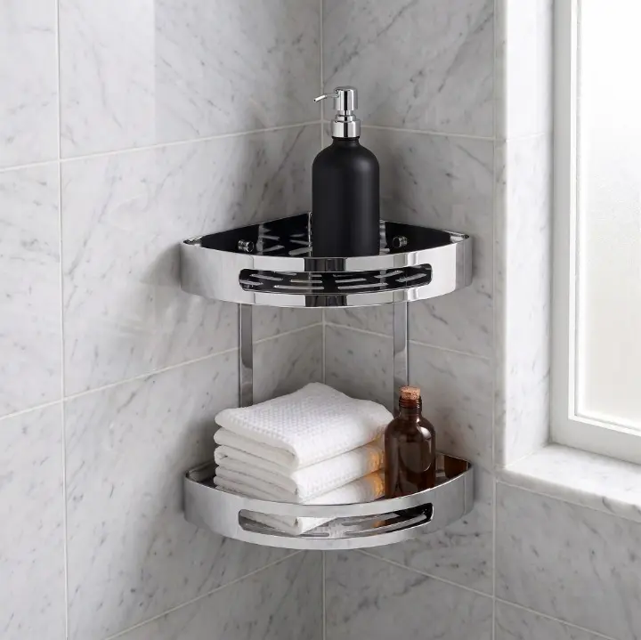 Etajera de colt pentru baie, 2 rafturi, prindere in perete, din inox, organizare baie, Argintiu, 29.5 x 22 x 40 cm [4]