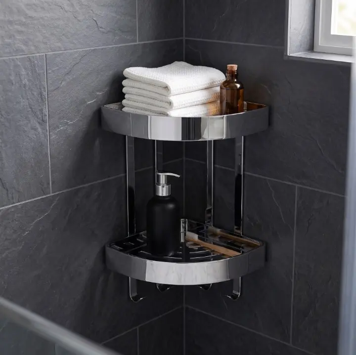 Etajera de colt pentru baie, 2 rafturi, prindere in perete, din inox, organizare baie, Argintiu, 29.5 x 22 x 40 cm [5]