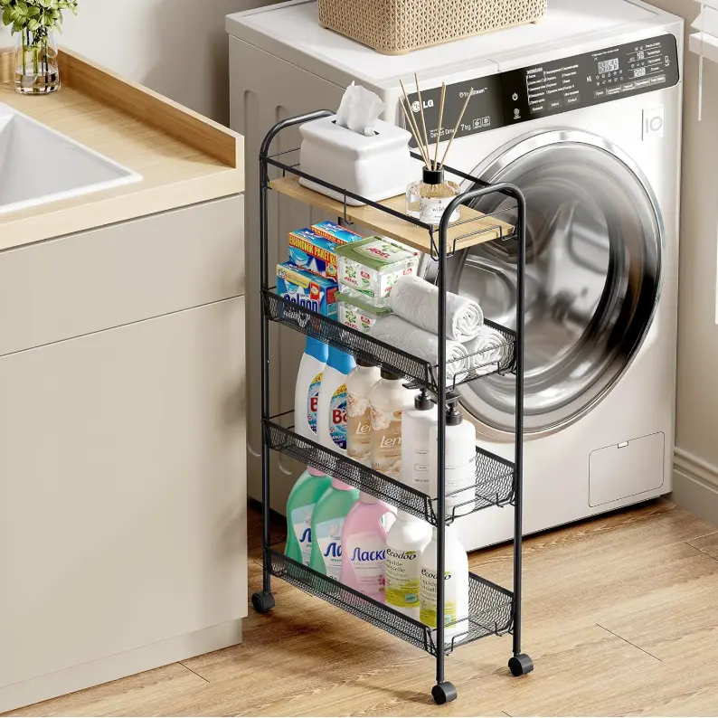 Etajera metalica cu roti, 3 rafturi, o polita din MDF, Negru, 44 x 25 x 83 cm [4]