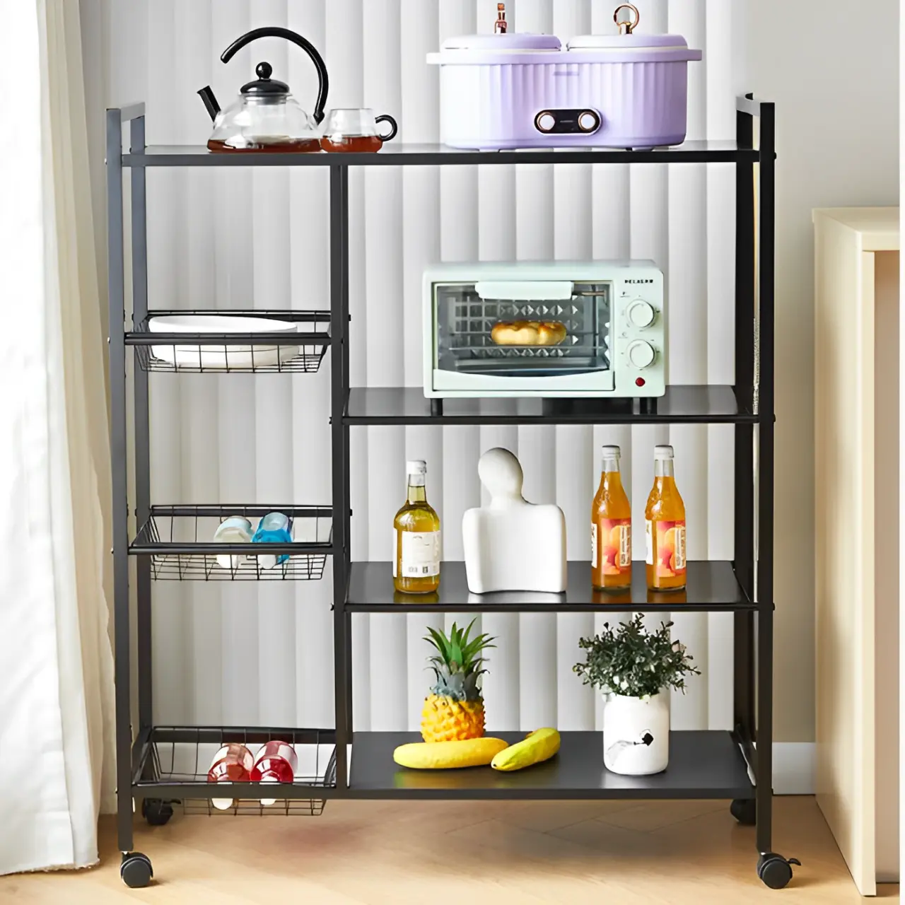 Etajera metalica mobila cu 4 cosuri, 4 rafturi, Negru, 90 x 32 x 108 cm [3]