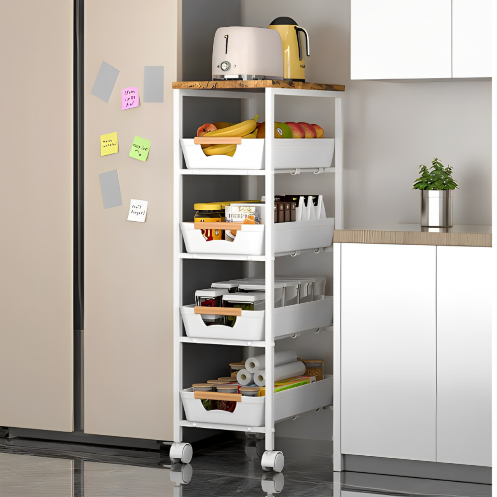 Etajera mobila cu 4 rafturi glisante, blat din MDF, Alb/Maro, 23.5 x 38 x 81.5 cm [2]