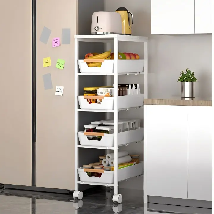 Etajera mobila cu 4 rafturi glisante, blat din MDF, Alb/Maro, 23.5 x 38 x 81.5 cm [2]