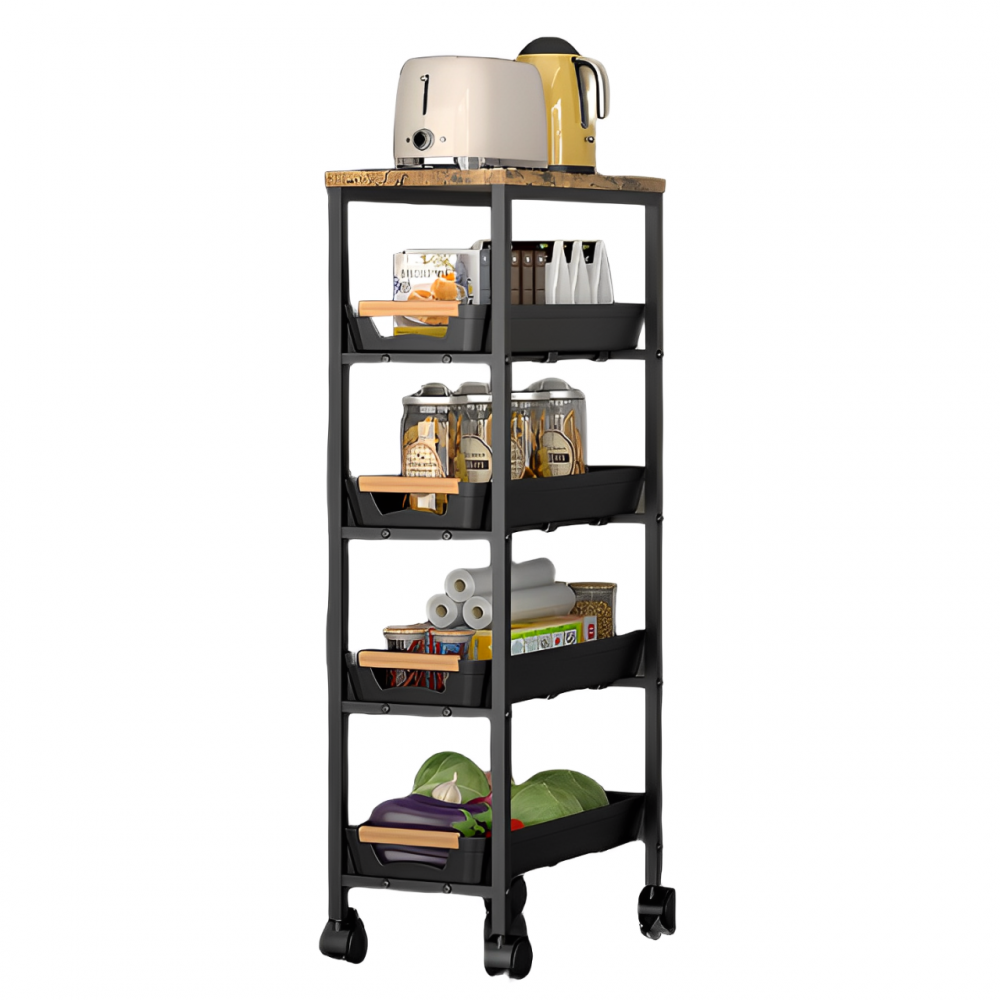 Etajera mobila cu 4 rafturi glisante, blat din MDF, Negru/Maro, 23.5 x 38 x 81.5 cm [2]