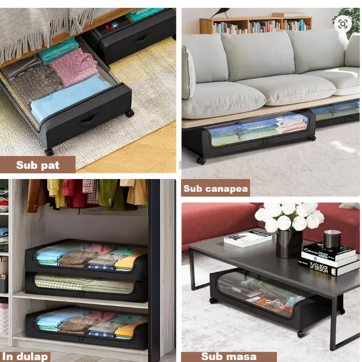Husa pentru depozitare, pentru lenjerii, incaltaminte, diverse obiecte, cu roti, compartiment transparent, depozitare sub pat, canapea, in dulap, Negru, 78 x 43 x 17 cm [4]