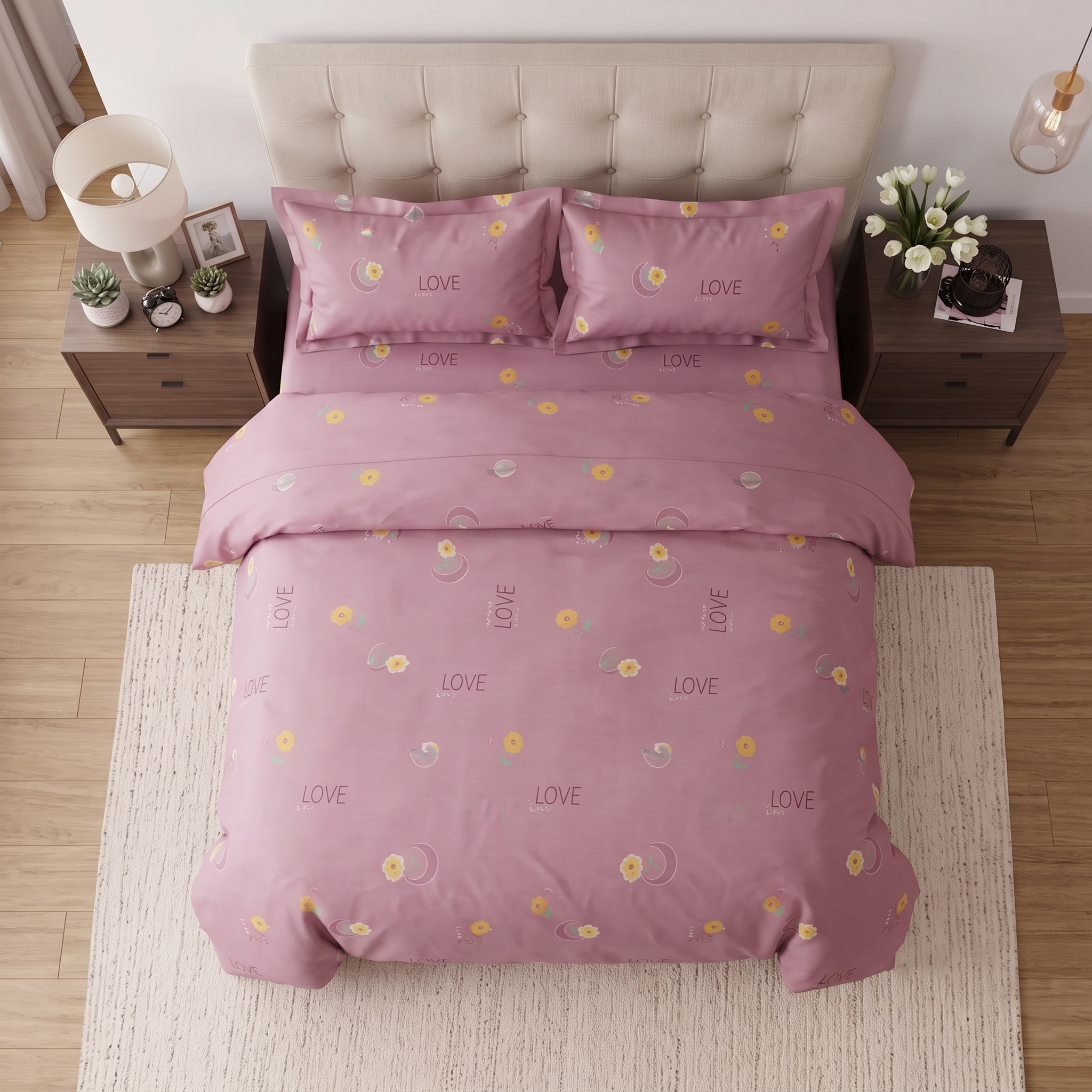 Lenjerie de pat, din finet, cu elastic, pentru 2 persoane, cu model, Roz, 4 piese [2]