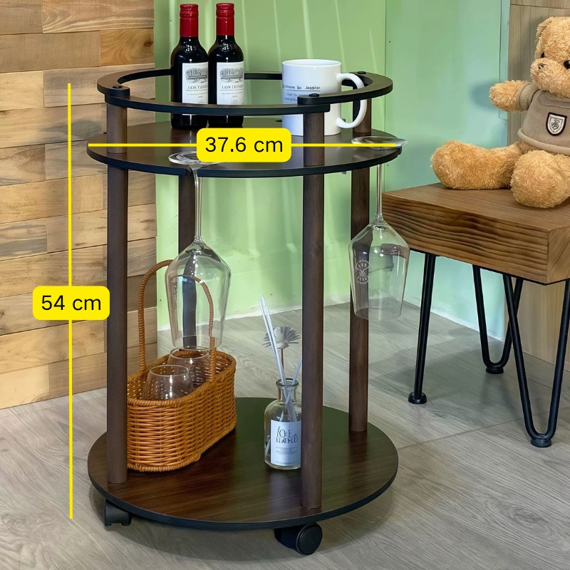 Masă de cafea rotunda, 2 blaturi din MDF, cu roti, pentru living, Maro, 37.6 x 54 cm [2]