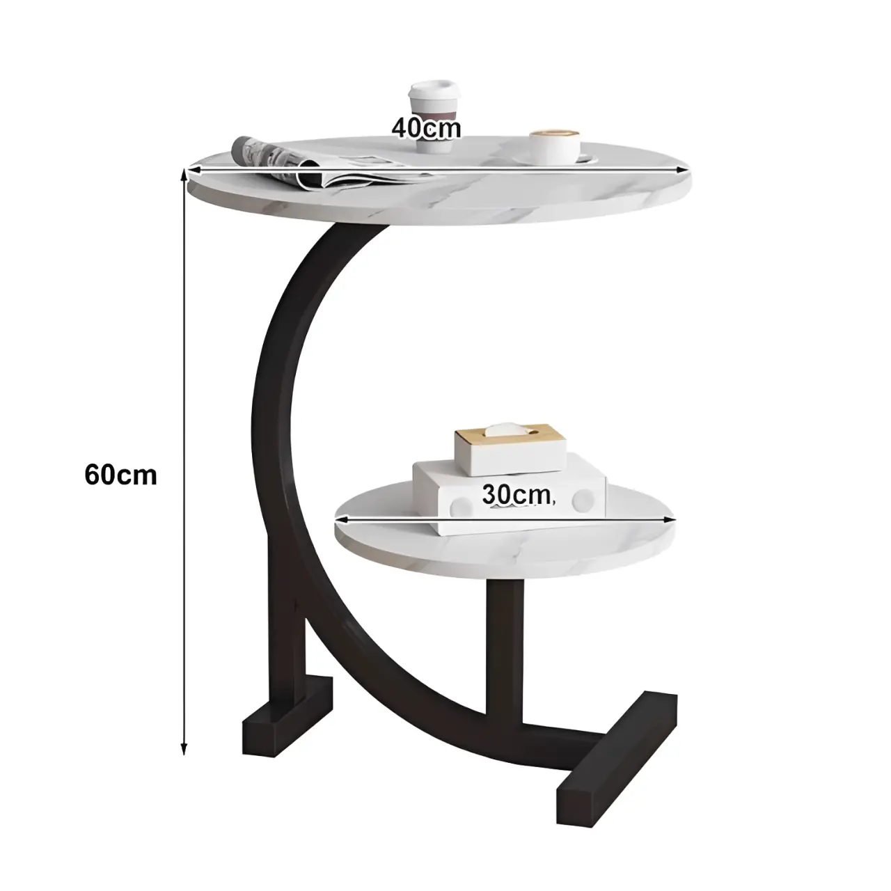 Masă de cafea rotundă, 2 blaturi din MDF, marimi diferite, pentru living, Alb/Negru, 40/30 x 60 cm [6]