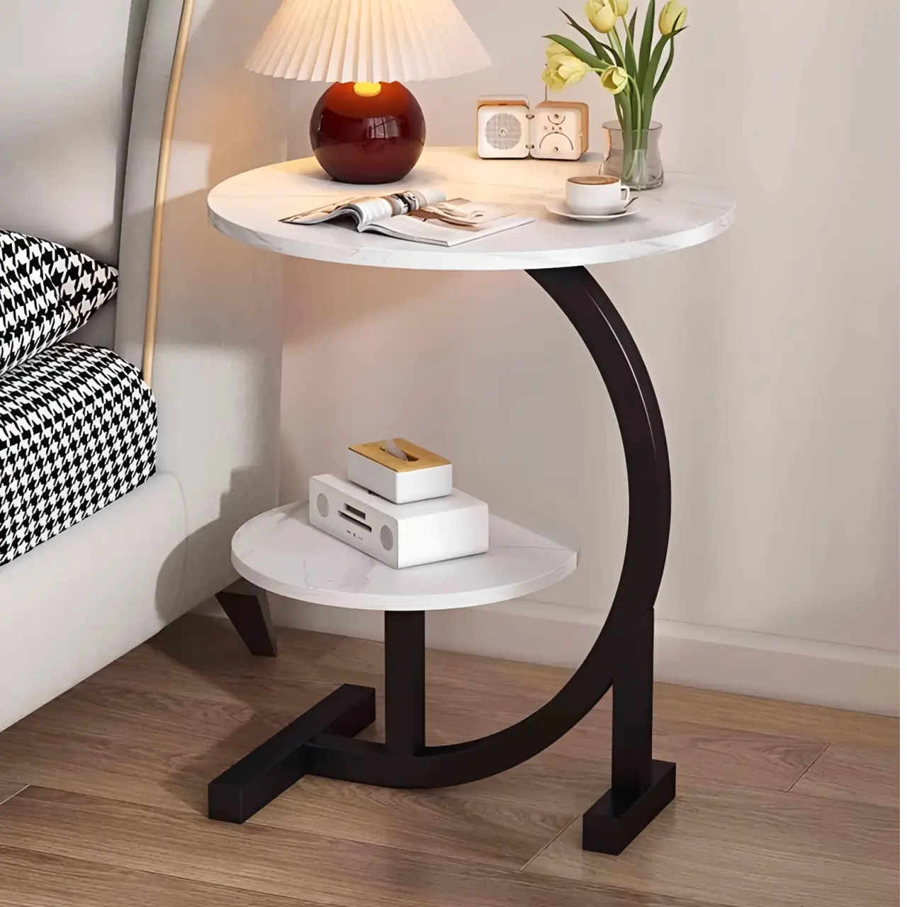 Masă de cafea rotundă, 2 blaturi din MDF, marimi diferite, pentru living, Alb/Negru, 40/30 x 60 cm [2]