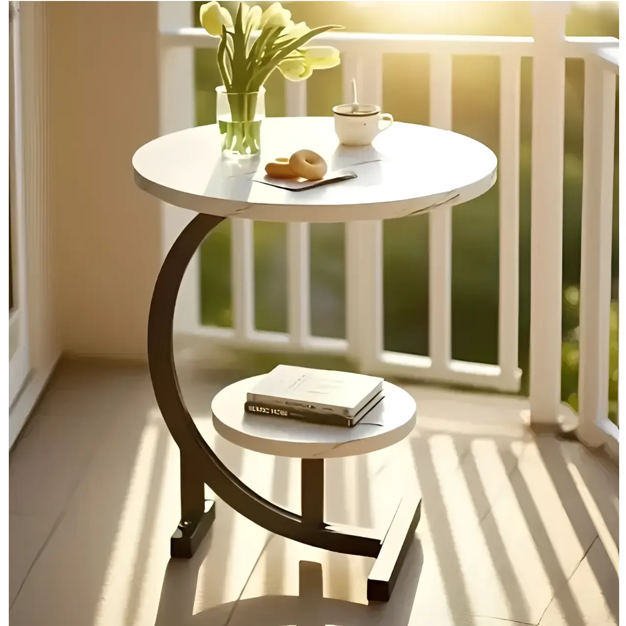 Masă de cafea rotundă, 2 blaturi din MDF, marimi diferite, pentru living, Alb/Negru, 40/30 x 60 cm [3]