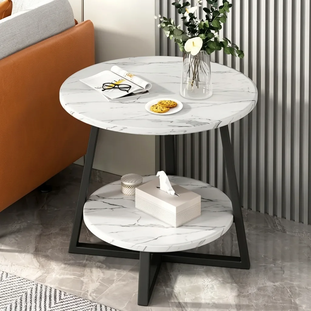 Masă de cafea rotundă, 2 blaturi din MDF, marimi diferite, pentru living, Alb/Negru, 60/40 x 55 cm [4]