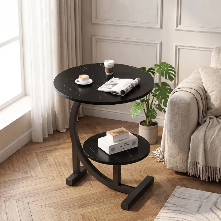 Masă de cafea rotundă, 2 blaturi din MDF, marimi diferite, pentru living, Negru, 40/30 x 60 cm [4]