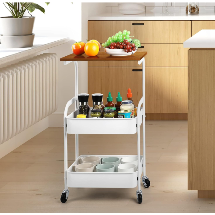 Masuta mobila cu 3 niveluri, 2 rafturi pentru depozitare, blat din MDF, Alb/Maro, 43 x 30 x 77 cm [3]