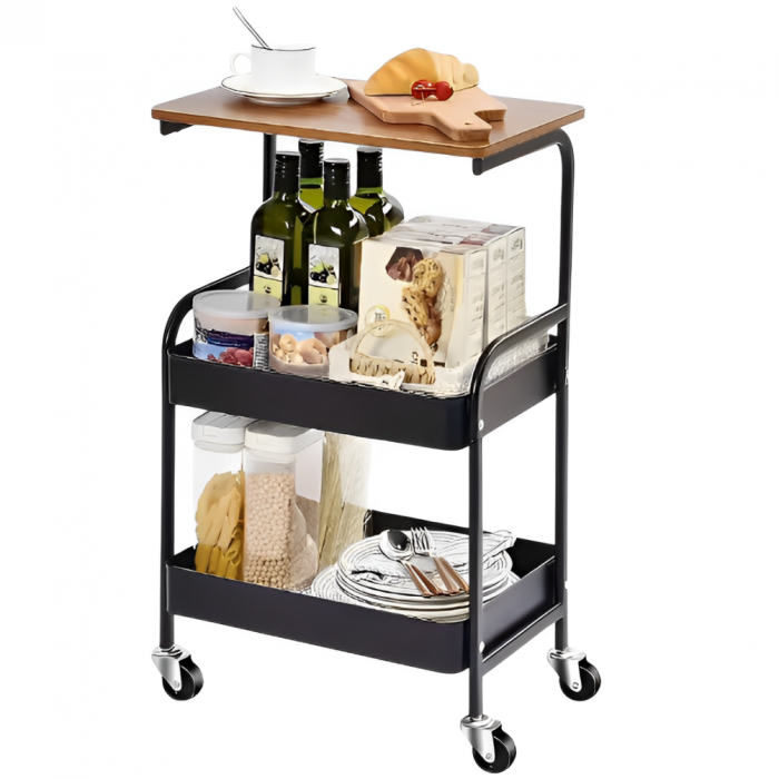 Masuta mobila cu 3 niveluri, 2 rafturi pentru depozitare, blat din MDF, Negru/Maro, 43 x 30 x 77 cm [2]