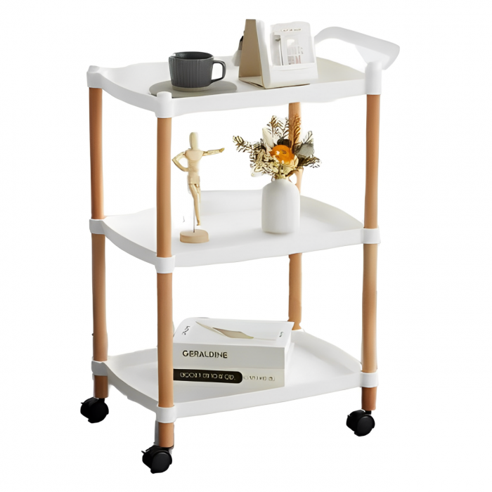 Masuta mobila cu maner, 3 blaturi din plastic, roti, Alb/Maro, 45 x 32 x 71 cm [2]